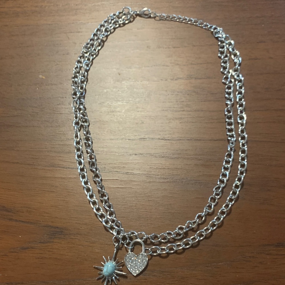 Silver Charm Necklace with Heart and Sun Pendants